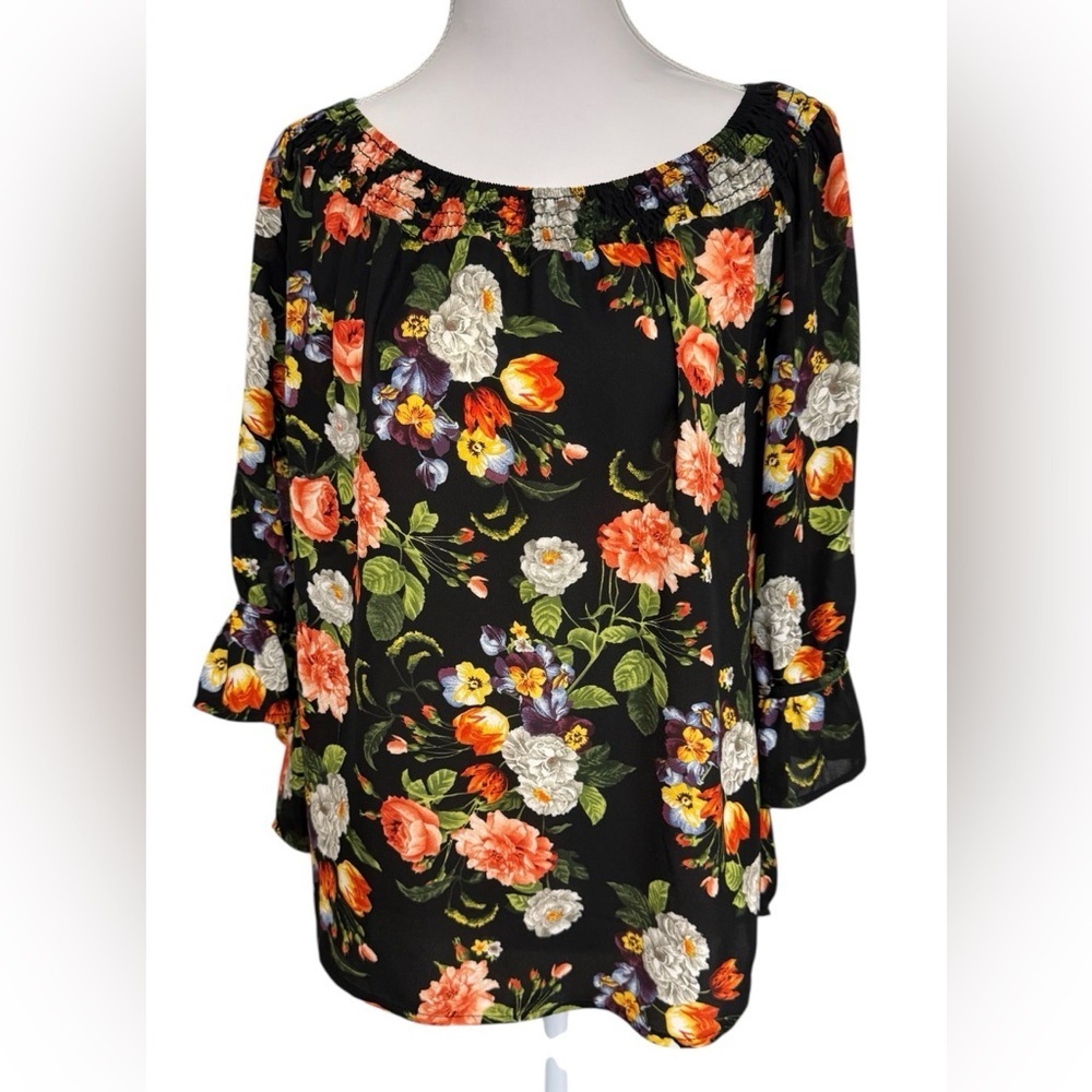 SARA MICHELLE PETITE XL BLACK FLORAL BLOUSE OFF SHOULDER BELL SLEEVE TOP